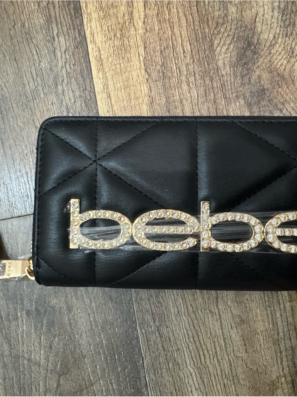 Bebe Black Quilted Rhinestone Logo Wristlet Wallet NWT